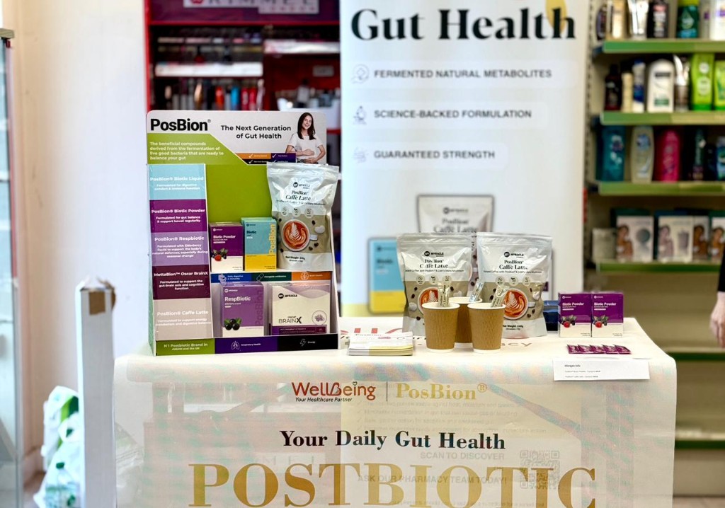PosBion products and Caffe Latte tasting cups on display